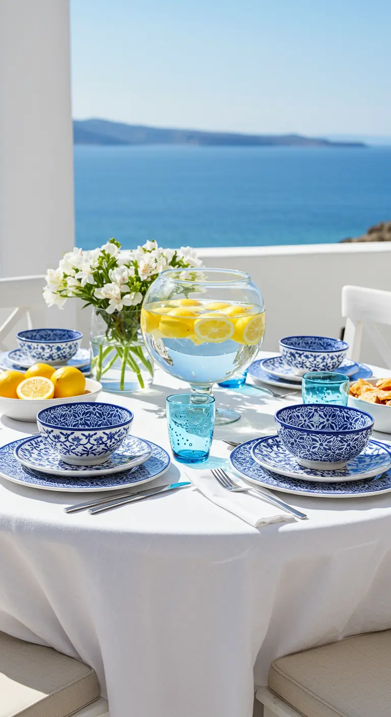 Table d'été en Grèce avec vaisselle bleue et blanche et vue sur la mer.