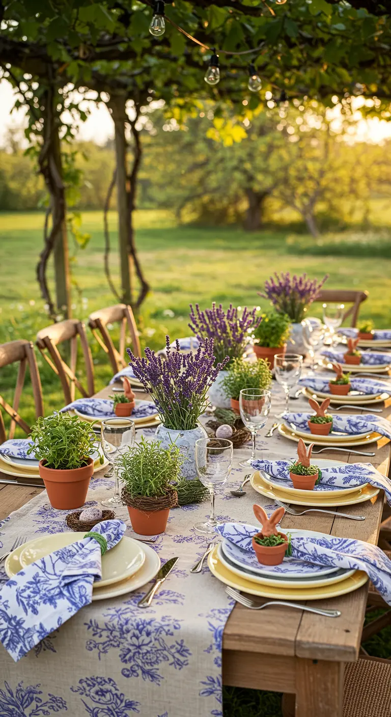 Table de Pâques d'inspiration provençale avec des herbes aromatiques en pots.