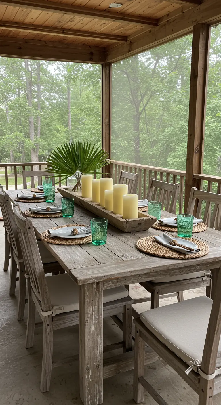 Table à manger extérieure en bois rustique avec des bougies et des verres verts
