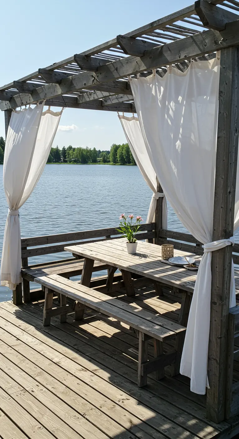Pergola en bois sur un ponton au bord d'un lac, avec une table de pique-nique