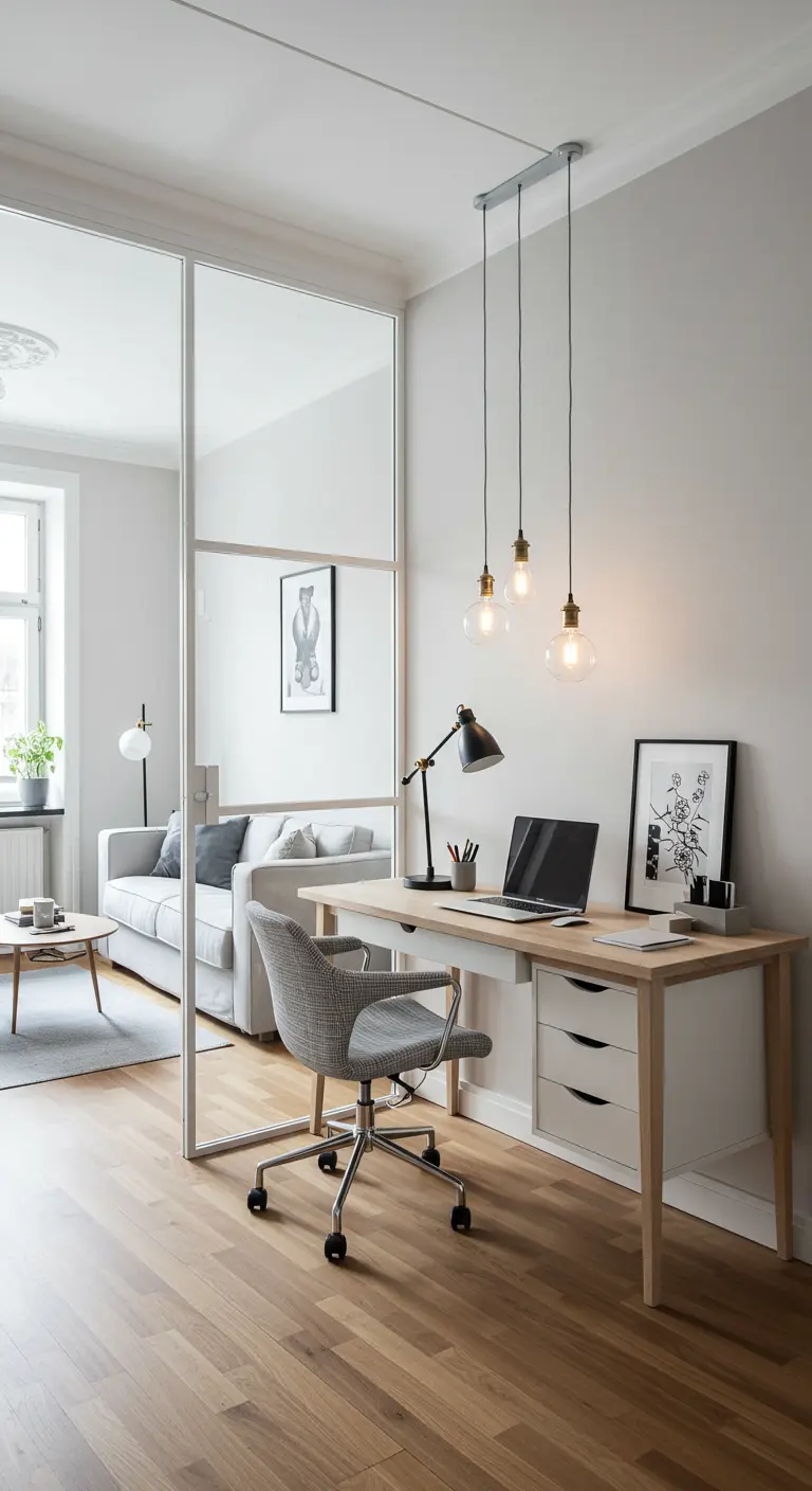 Bureau séparé d'un salon par une verrière d'intérieur, avec des suspensions à ampoules.