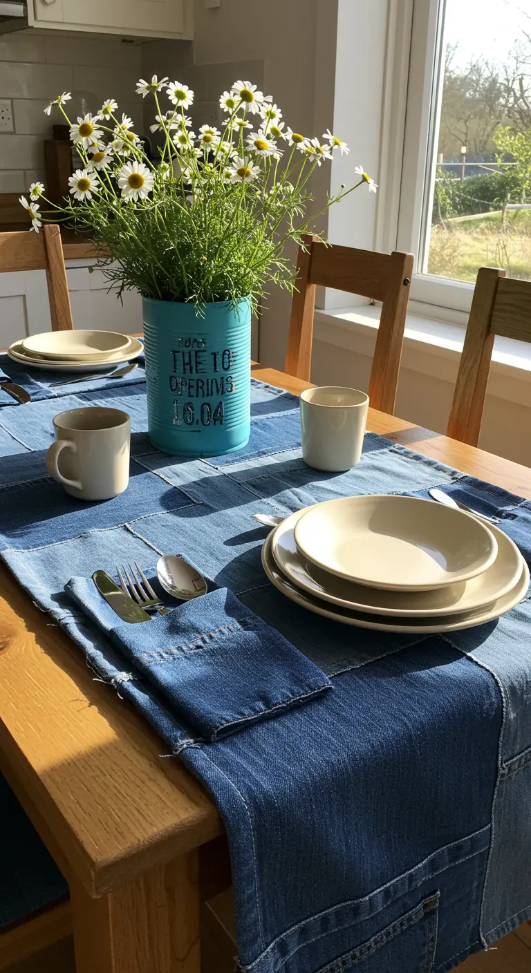 Chemin de table et sets de table fabriqués à partir de jeans recyclés.