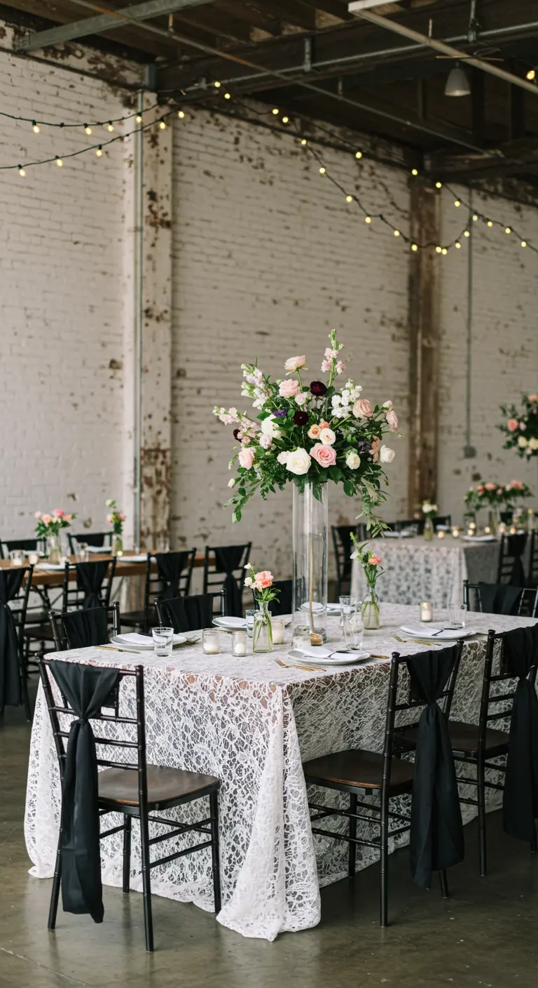 Table avec nappe en dentelle dans un lieu industriel avec un mur de briques.