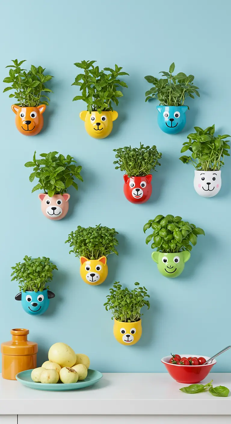 Pots avec des visages de dessins animés colorés et herbes fraîches sur un mur bleu clair.