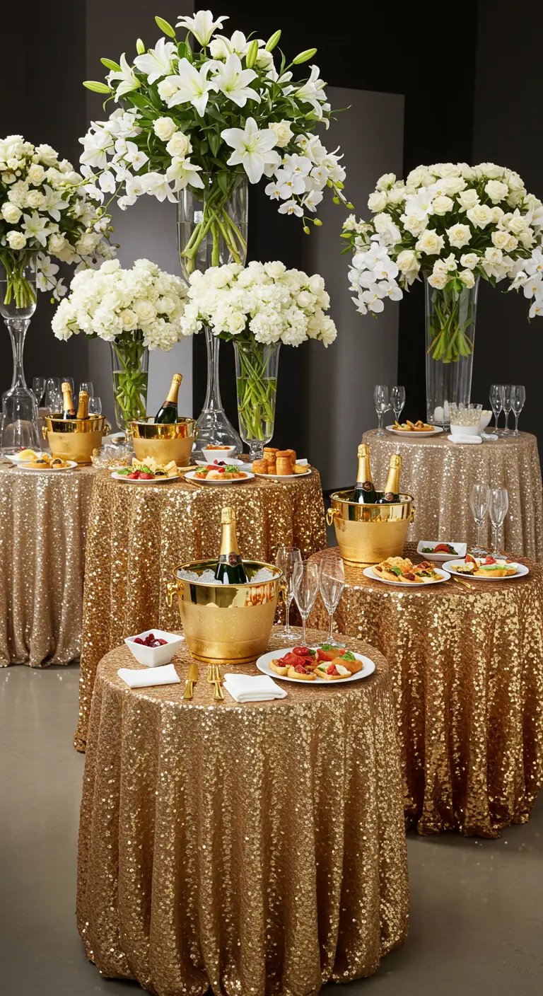 Plusieurs tables hautes rondes avec nappes à sequins dorés, chacune avec un seau à champagne.