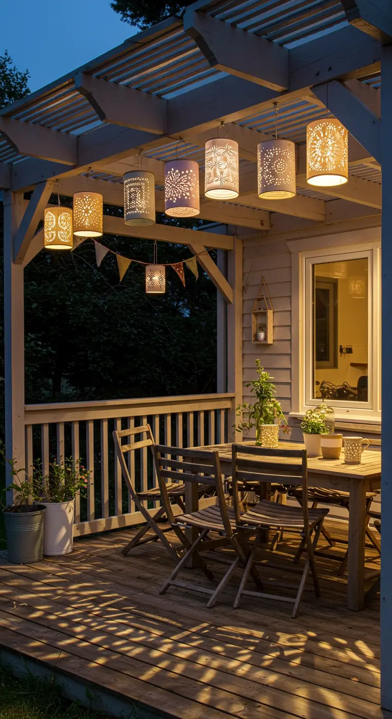 Lanternes en papier à motifs suspendues à une pergola au-dessus d'une salle à manger extérieure.