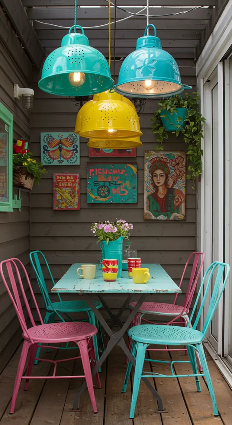 Balcon coloré avec des lampes suspendues fabriquées à partir de passoires peintes.