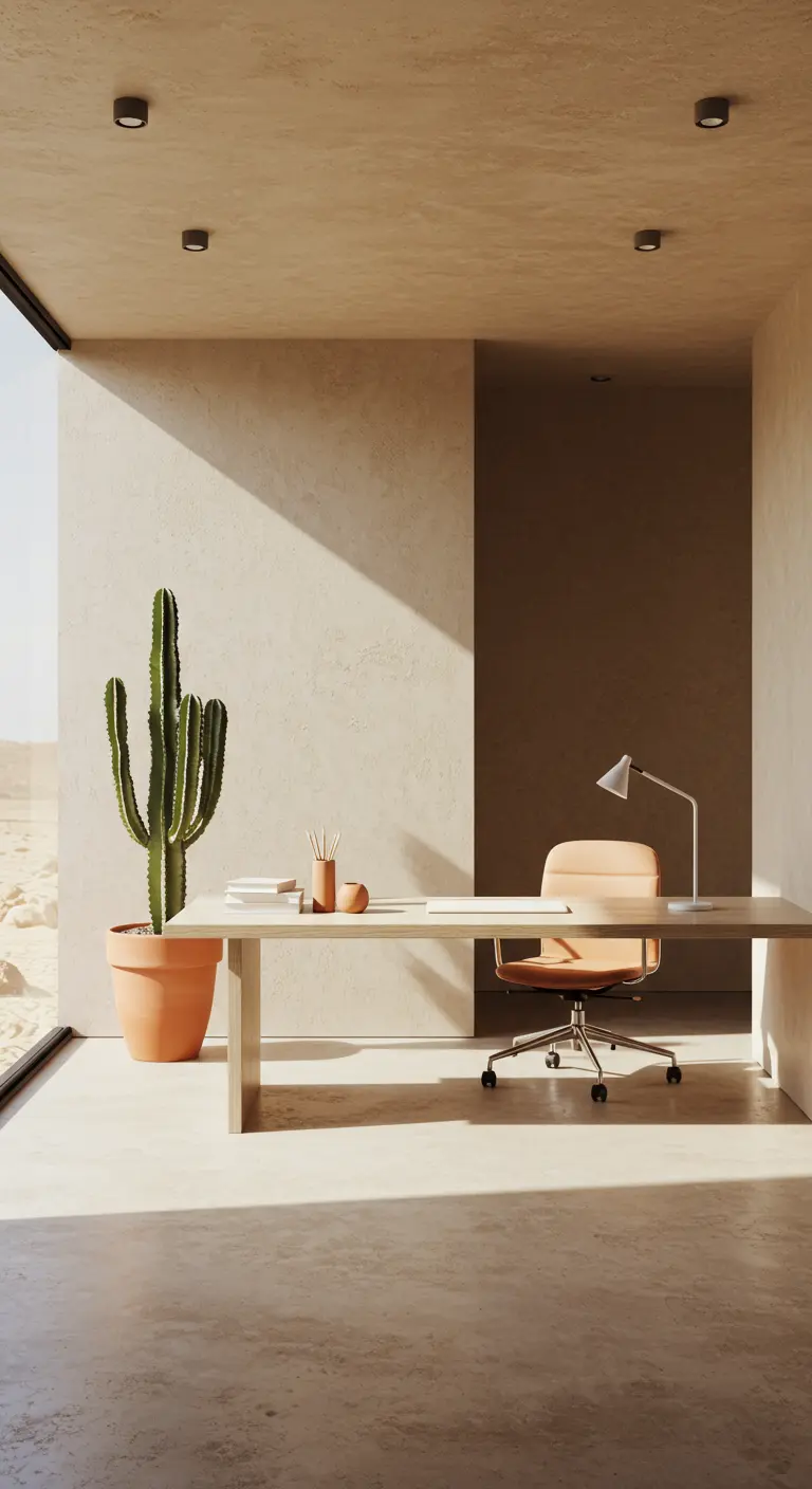 Bureau minimaliste dans une pièce aux murs beiges texturés, avec un grand cactus en pot.