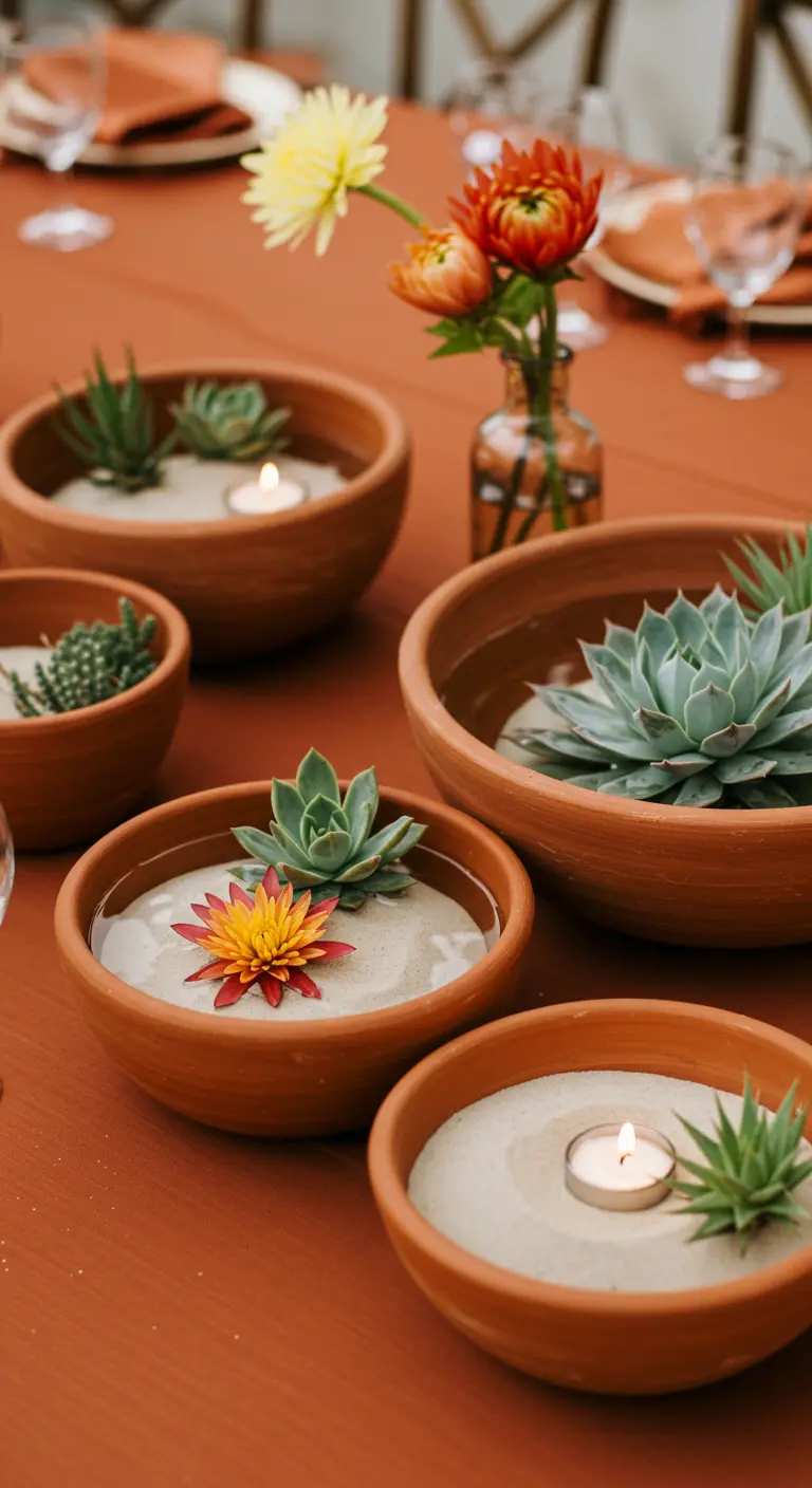 Bols en terre cuite avec sable, succulentes et bougies flottantes.