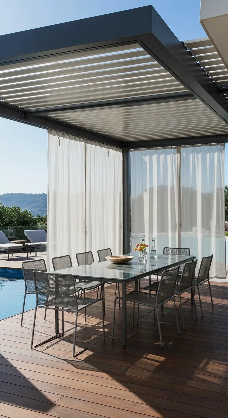 Pergola bioclimatique moderne au bord d'une piscine avec des rideaux blancs
