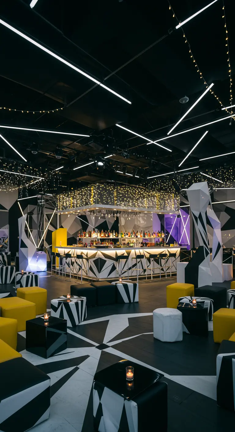 Rooftop bar design géométrique noir, blanc et jaune avec éclairage futuriste.