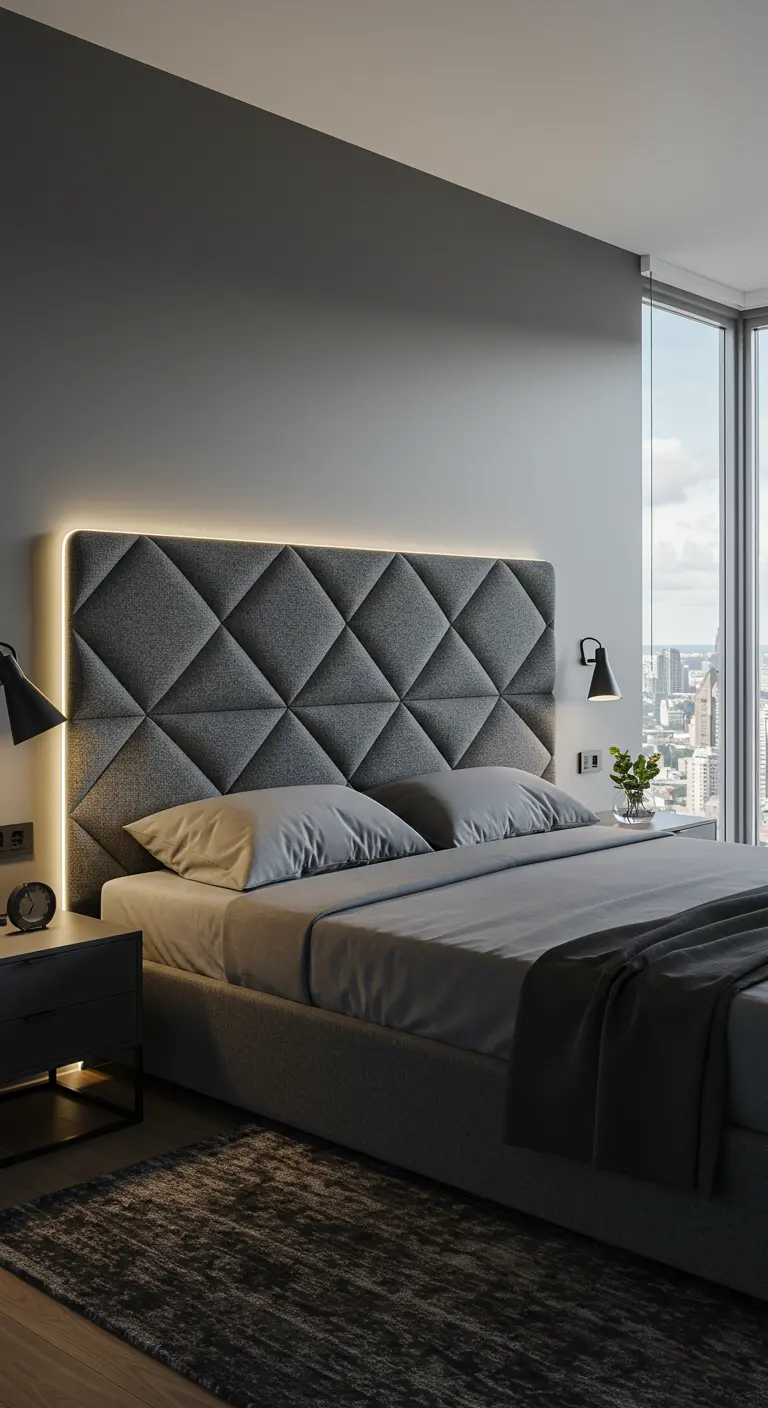 Tête de lit matelassée en tissu gris avec un motif de losanges et un rétroéclairage.