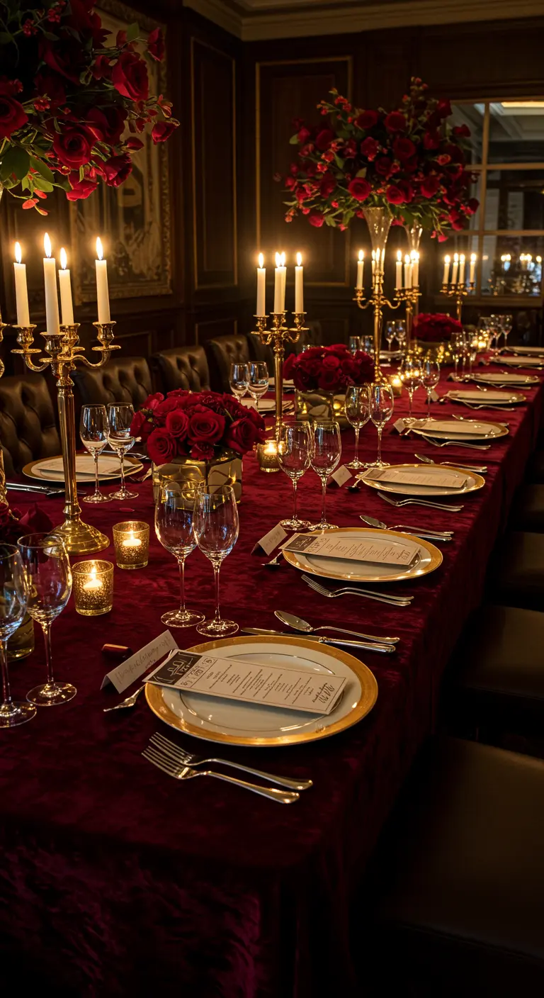Table de réception luxueuse, nappe en velours rouge, chandeliers dorés.