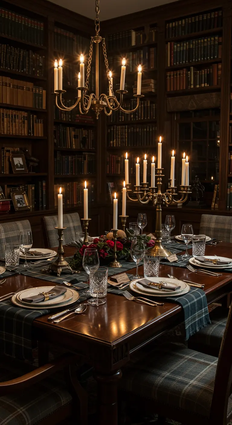 Table de dîner élégante dans une bibliothèque, avec chemin de table en tartan et nombreux chandeliers.