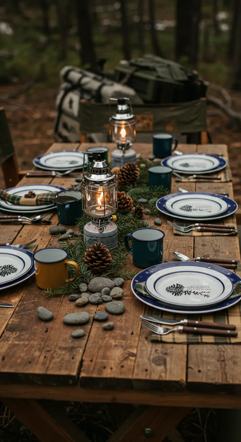 Table de camping rustique avec lanternes, pommes de pin et mugs en émail.