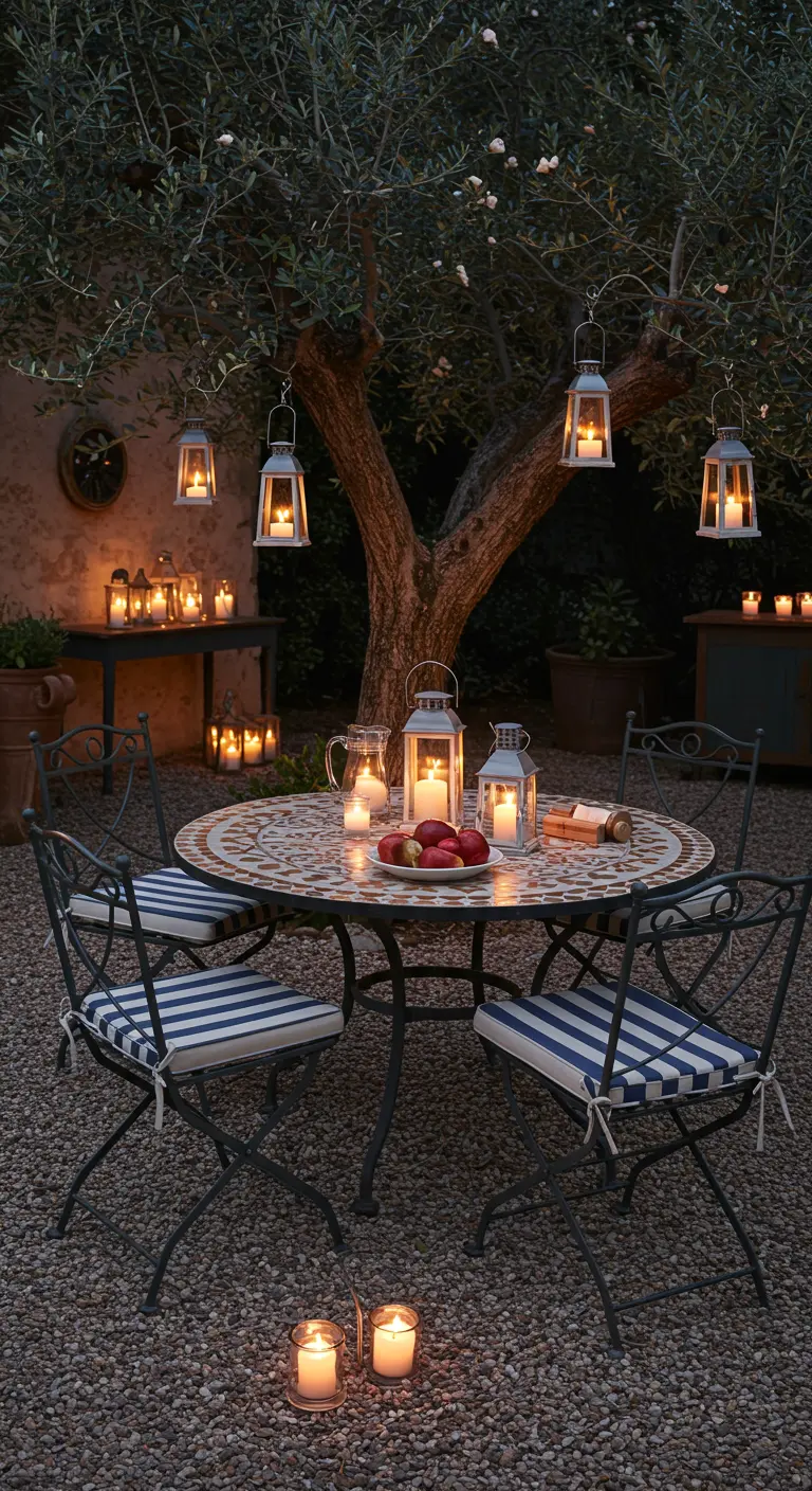 Table de dîner sous un olivier, éclairée par de nombreuses lanternes.