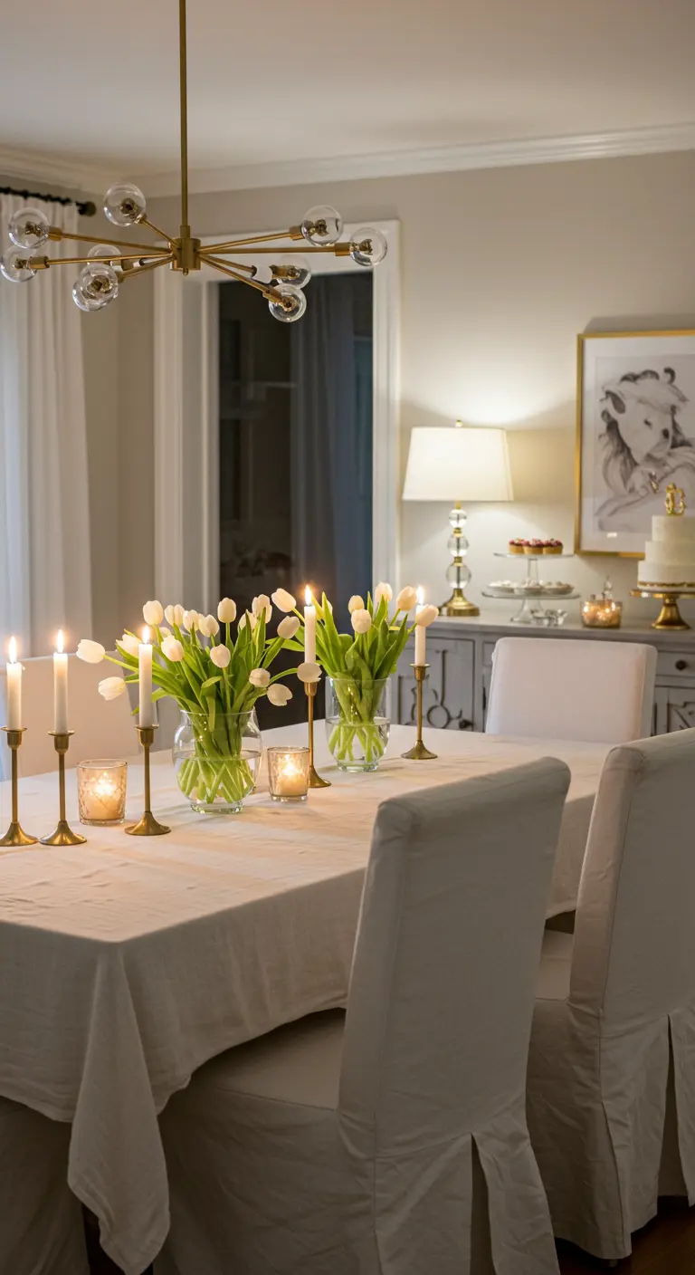 Table de salle à manger avec nappe blanche, tulipes blanches et nombreux chandeliers dorés allumés.