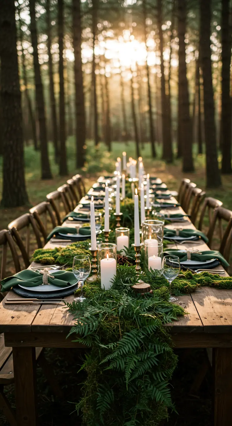 Longue table dans la forêt, illuminée par de nombreuses bougies et décorée de fougères.