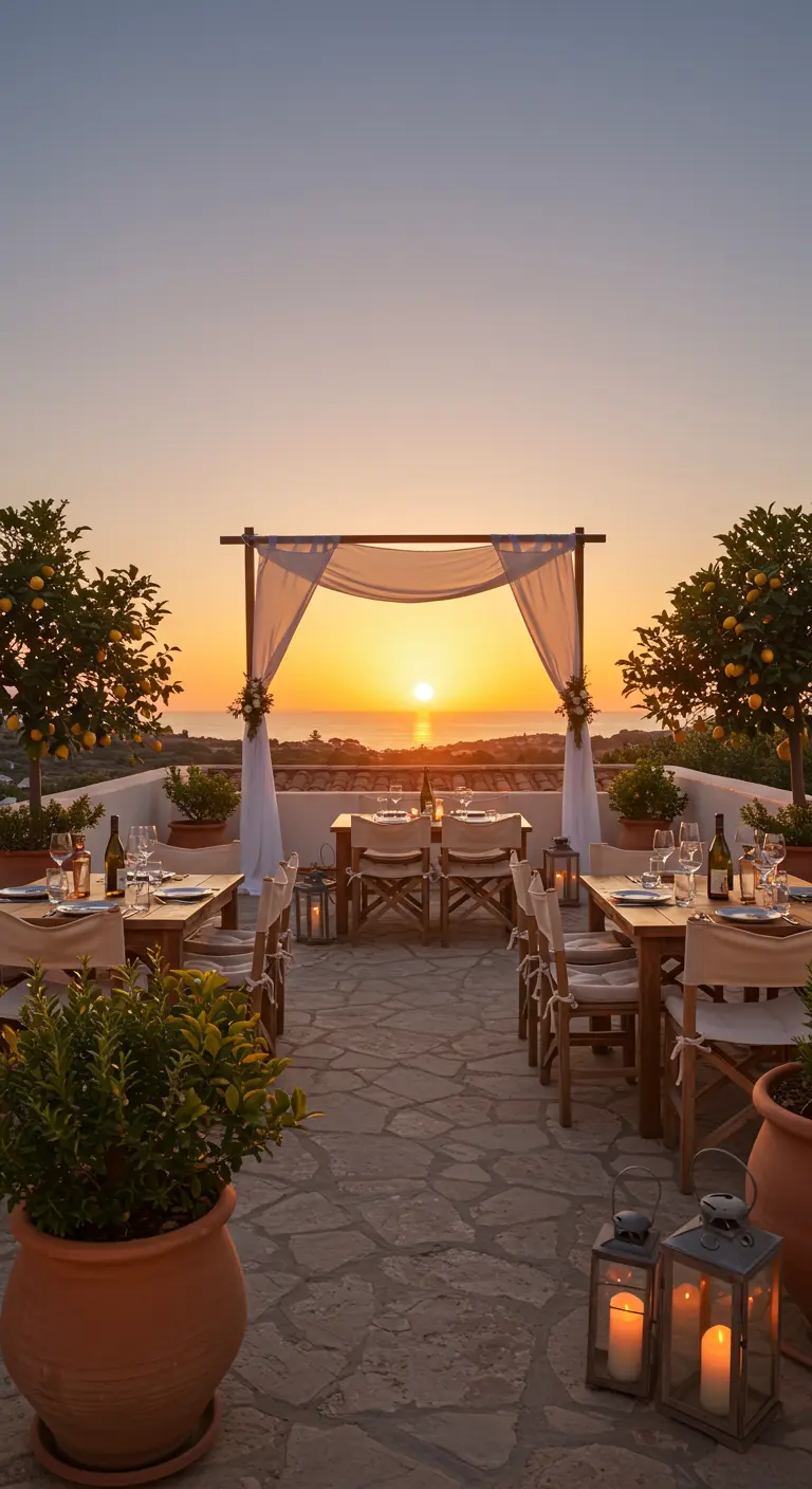 Terrasse avec vue sur la mer au coucher du soleil, tables dressées et voilages blancs.