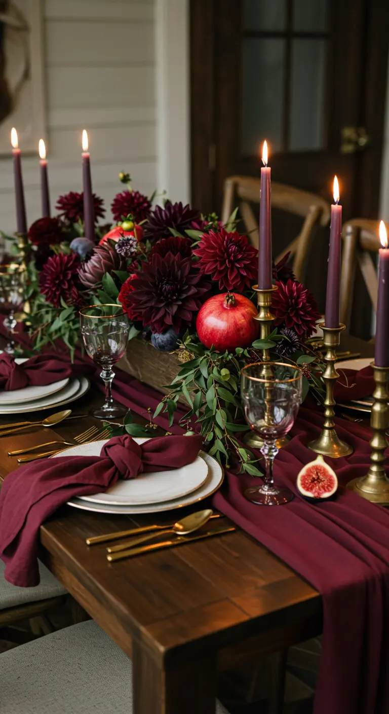 Table de fête luxueuse avec des fleurs bordeaux, des grenades et des chandeliers en laiton.