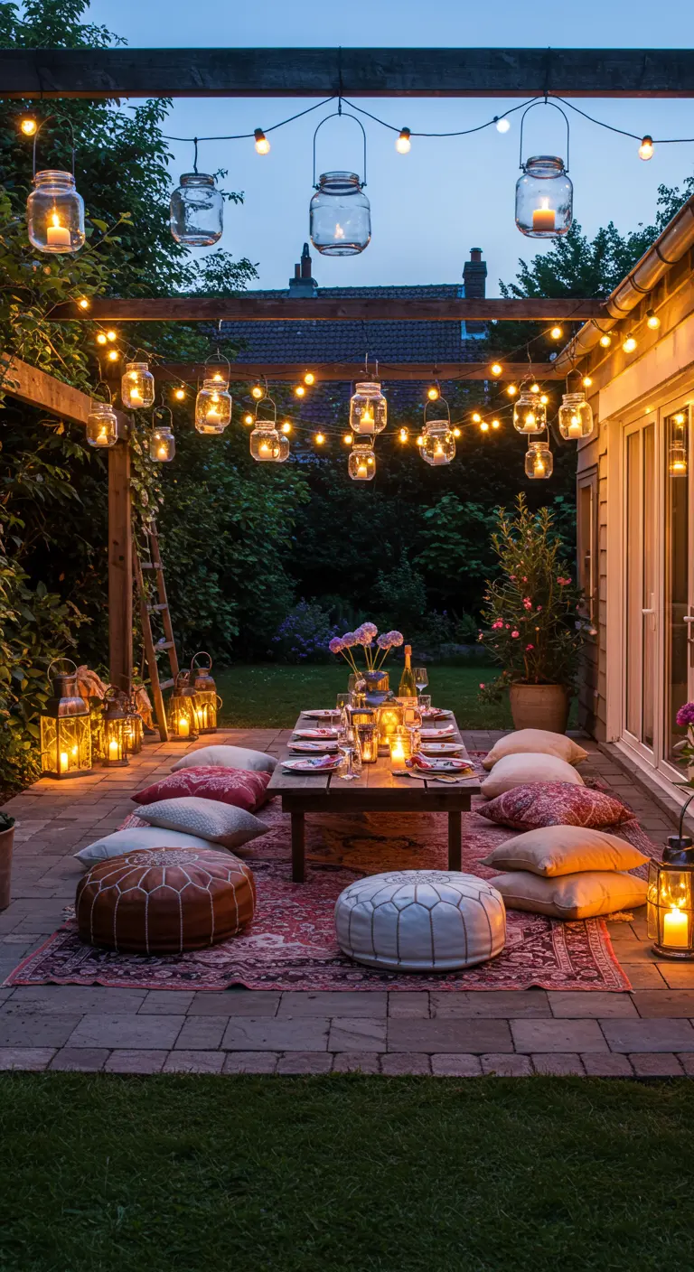 Dîner en plein air avec table basse, coussins de sol et bocaux suspendus lumineux
