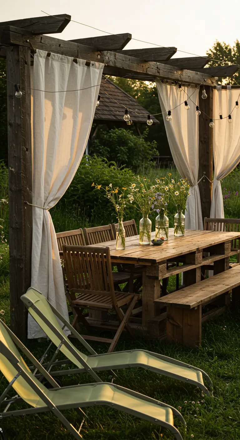 Pergola en bois avec grande table en palettes brutes, rideaux clairs et guirlandes lumineuses.