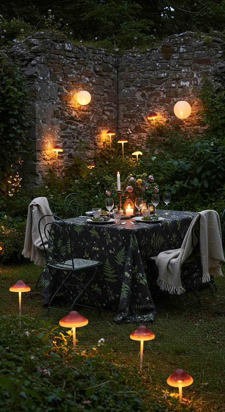 Table de dîner dans un jardin la nuit, illuminée par des lampes en forme de champignons lumineux.