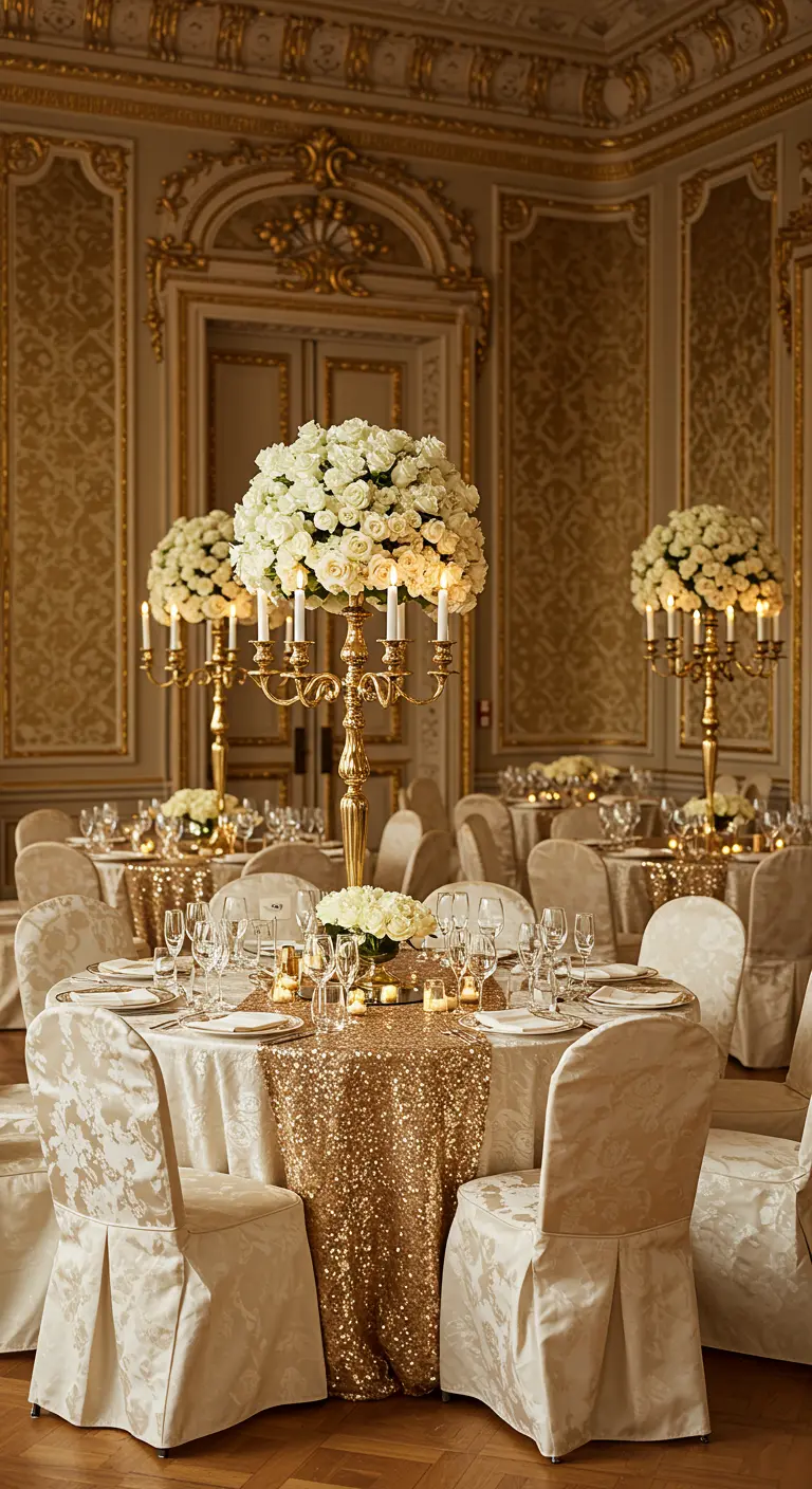 Salle de bal opulente avec des tables rondes, des candélabres dorés et des chaises couvertes.