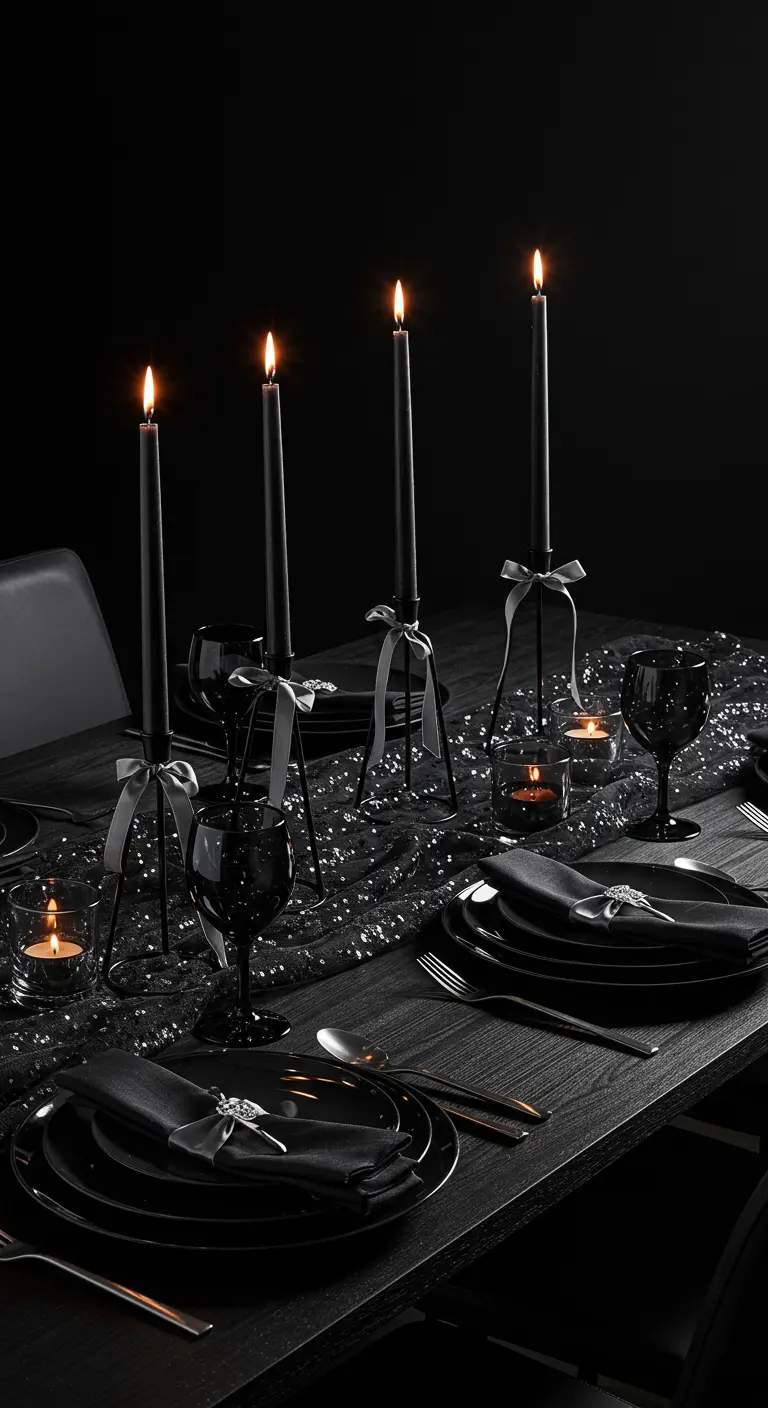 Table de fête entièrement noire avec un chemin de table à sequins noirs et des bougies.