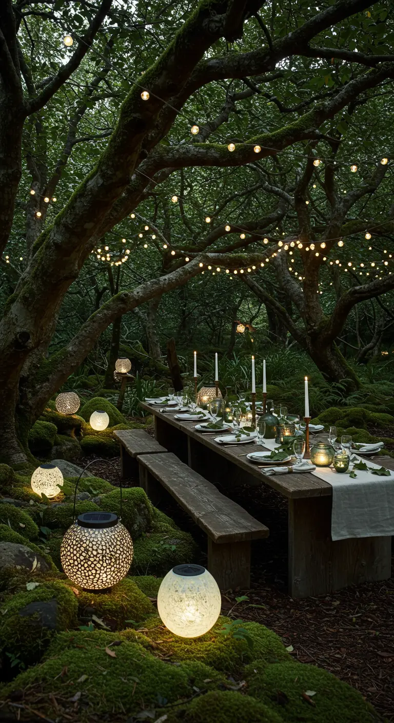 Dîner en forêt avec guirlandes lumineuses, lanternes perforées et sphères lumineuses au sol.