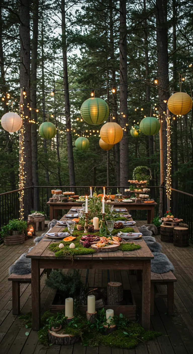 Table de dîner en forêt décorée de mousse, avec des lampions verts et jaunes suspendus.