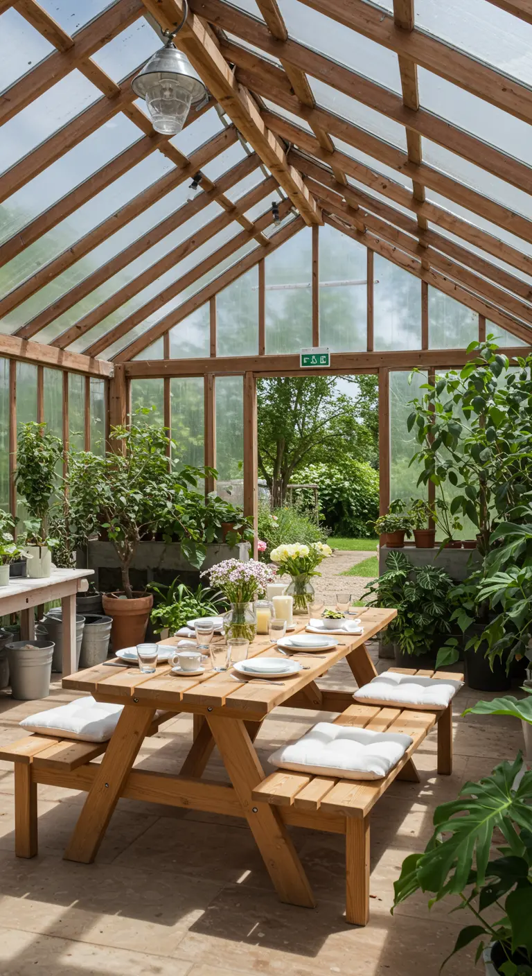 Table de pique-nique en bois avec coussins blancs dans une serre entourée de plantes.