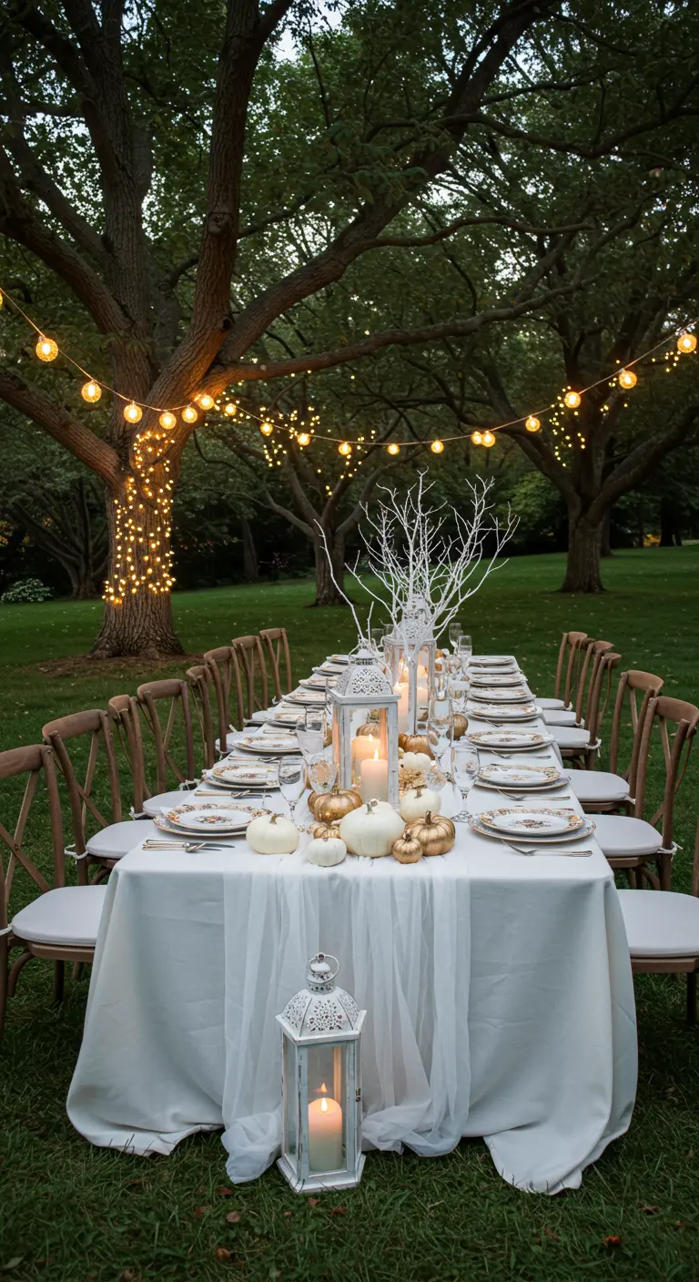 Longue table extérieure sous des arbres éclairés, avec citrouilles blanches et dorées, lanternes.