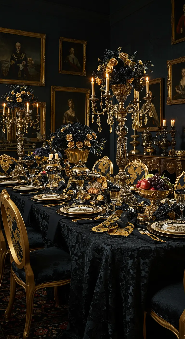 Table opulente dans une salle sombre aux murs couverts de portraits anciens.