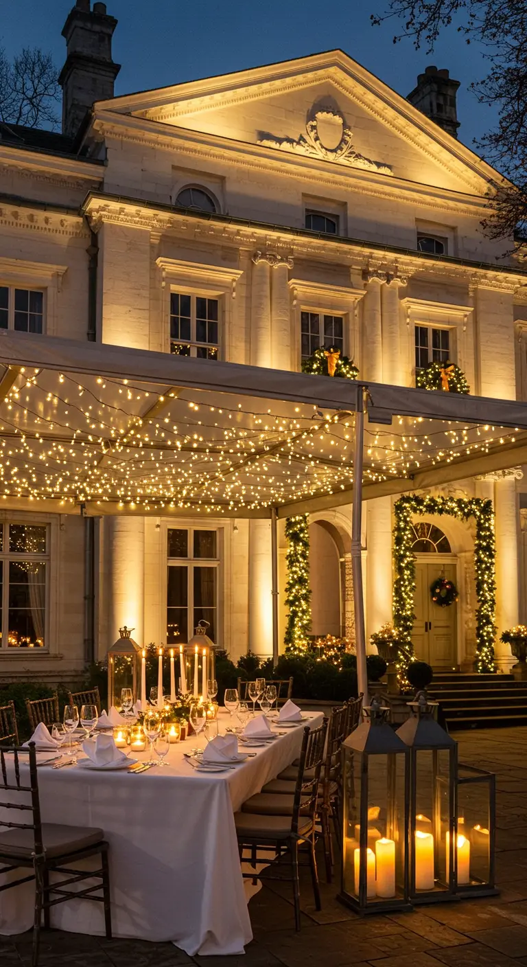 Dîner de Noël extérieur élégant sous une tente avec guirlandes lumineuses, table dressée et lanternes.