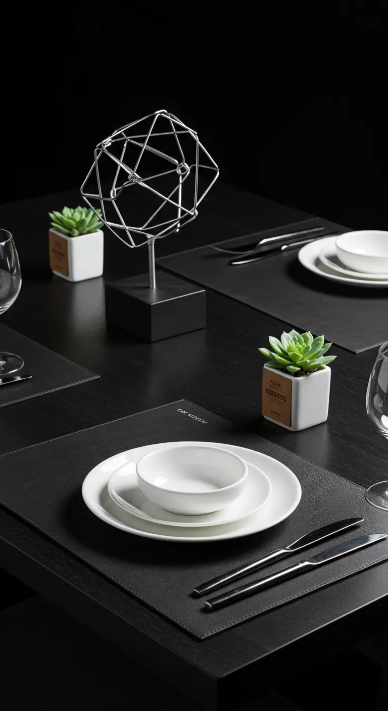 Table moderne en noir et blanc avec vaisselle épurée, succulentes et sculpture en métal.