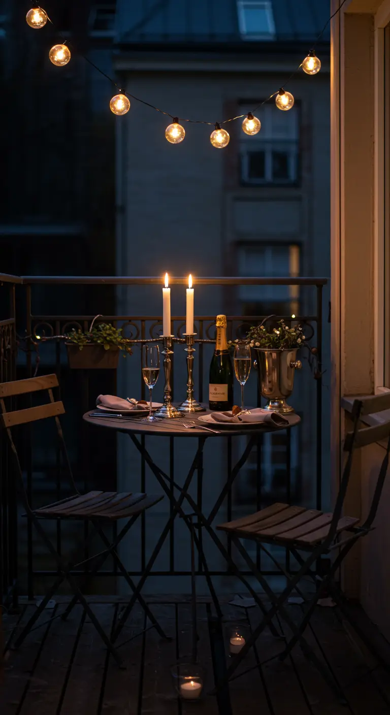 Table pour deux sur un balcon, éclairée par une guirlande et des chandeliers.