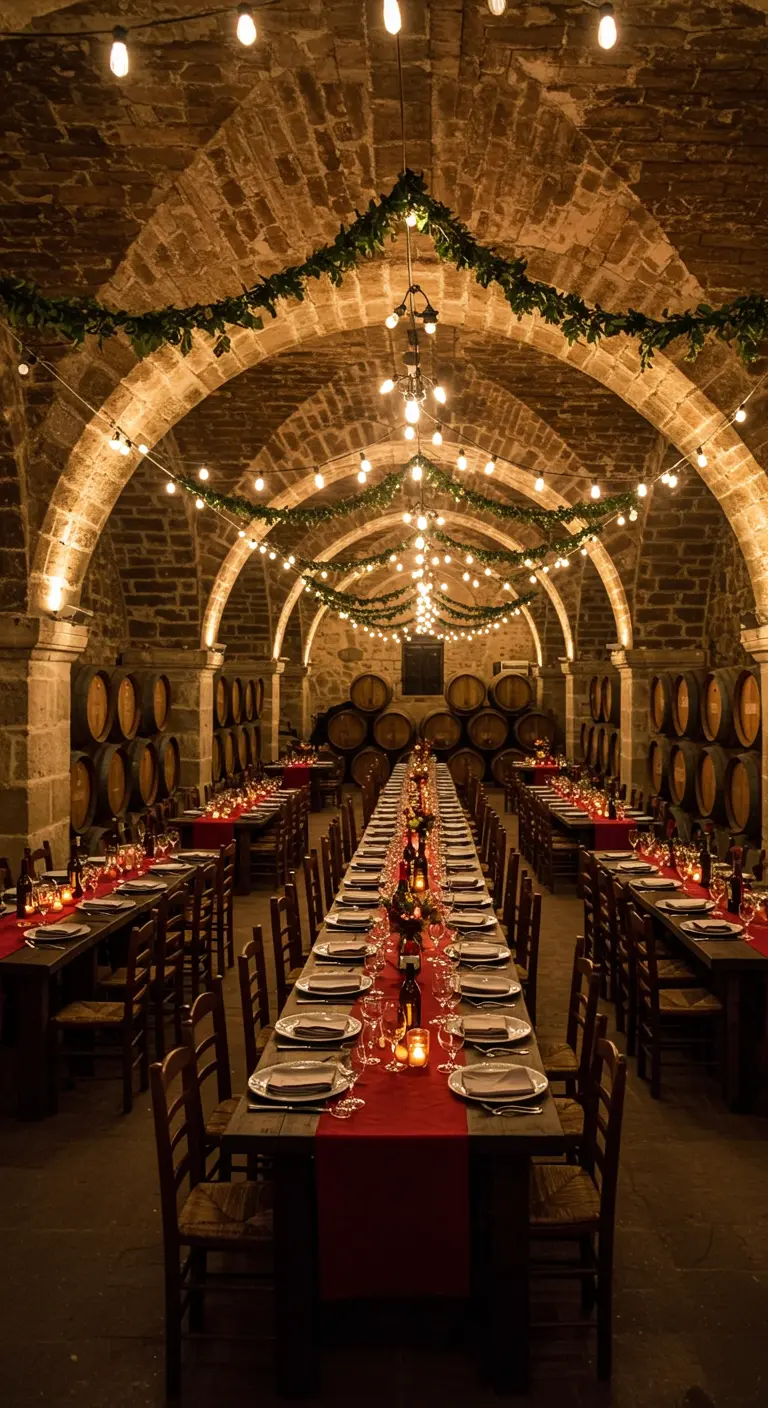 Longue table de dîner dressée dans une cave à vin voûtée en pierre.