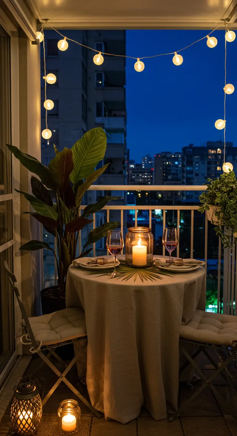 Petit balcon aménagé pour un dîner romantique avec guirlandes et bougies