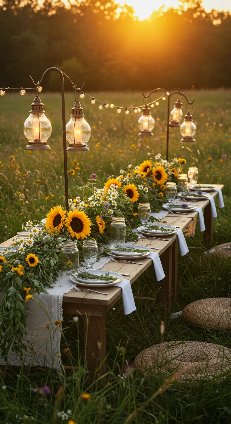 Table de dîner dans un champ de fleurs sauvages, décorée de tournesols et de guirlandes.