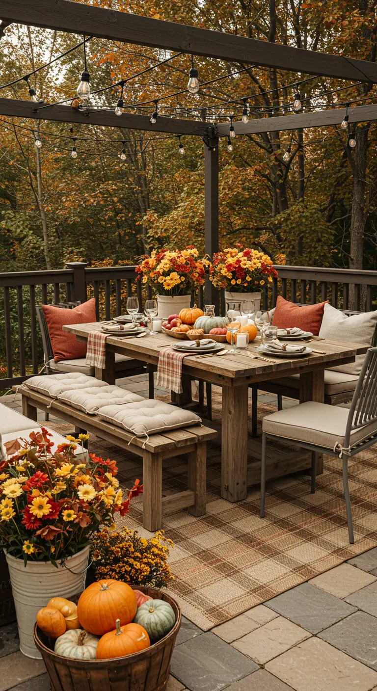 Terrasse avec table à manger en bois, coussins, tapis à carreaux, chrysanthèmes, citrouilles et guirlandes.
