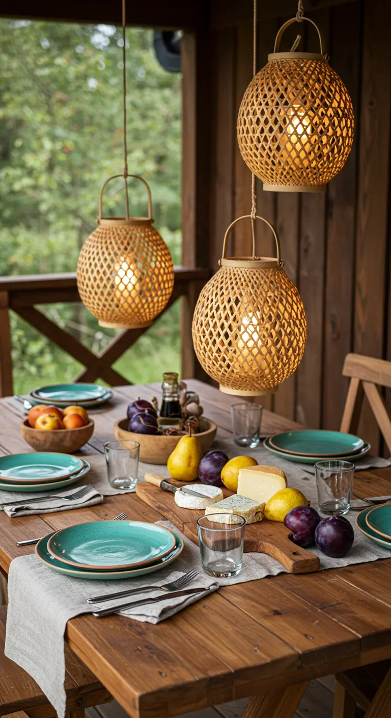 Table en bois sur une terrasse couverte, éclairée par des lanternes en bambou suspendues.