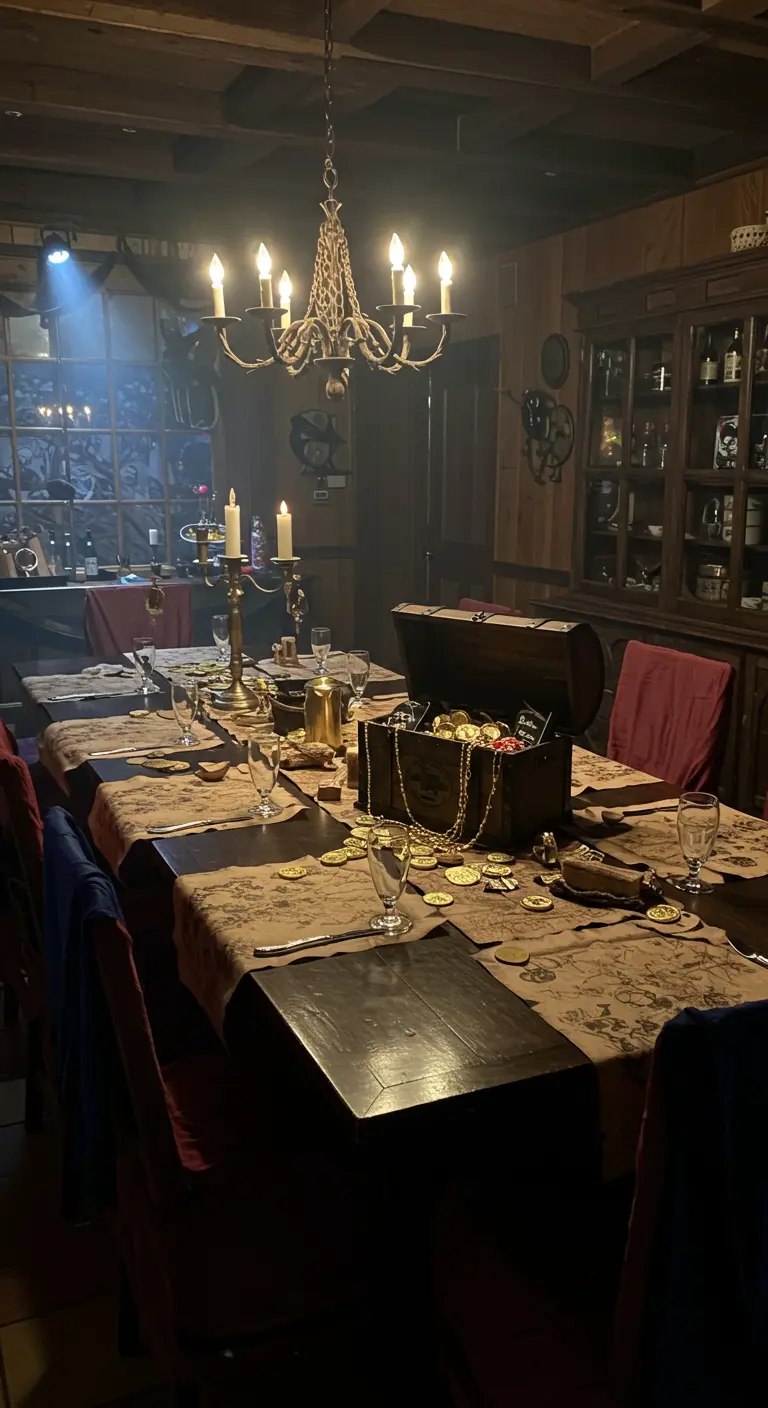Table de dîner pirate éclairée à la bougie avec un coffre au trésor