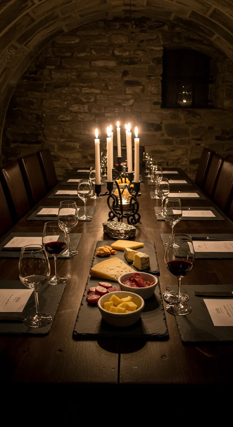 Longue table en bois dans une cave voûtée, éclairée uniquement par des bougies.