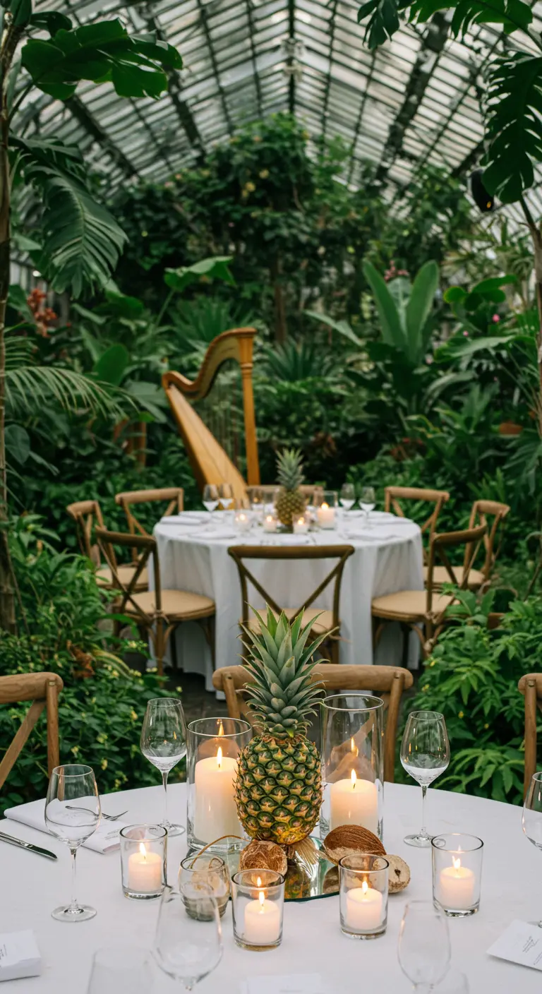 Tables de dîner élégantes installées au milieu d'une serre tropicale luxuriante.