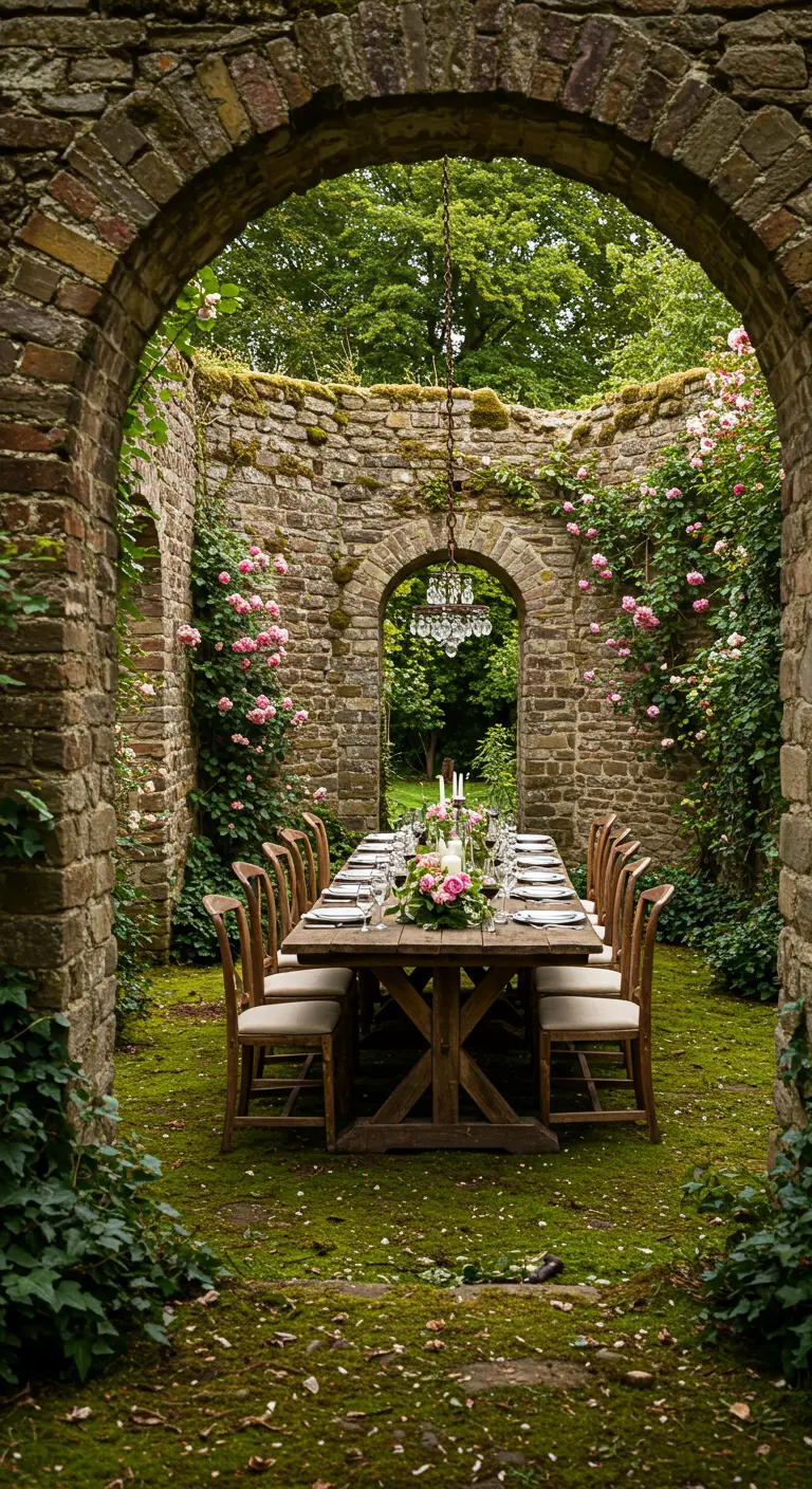 Longue table de dîner dressée dans les ruines d'un jardin en pierre avec un lustre.