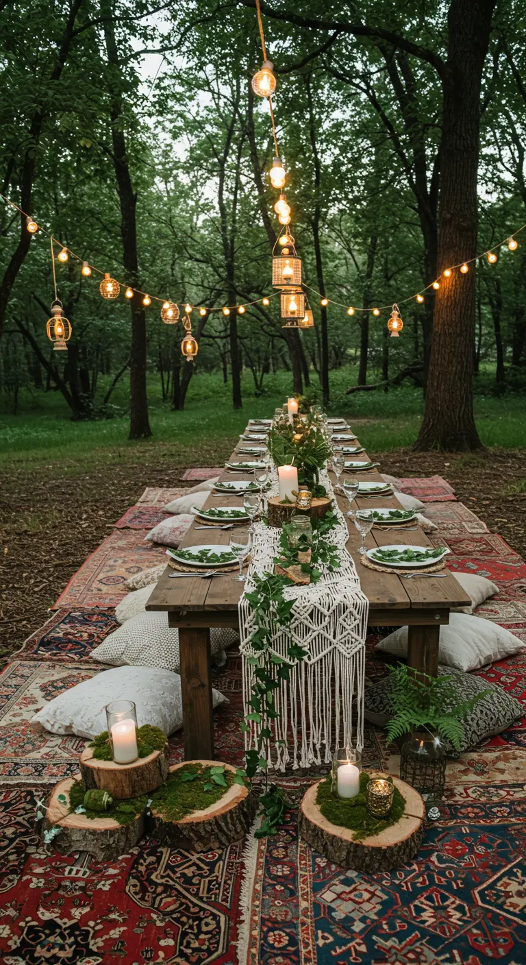 Longue table de dîner en forêt, éclairée par des guirlandes lumineuses.