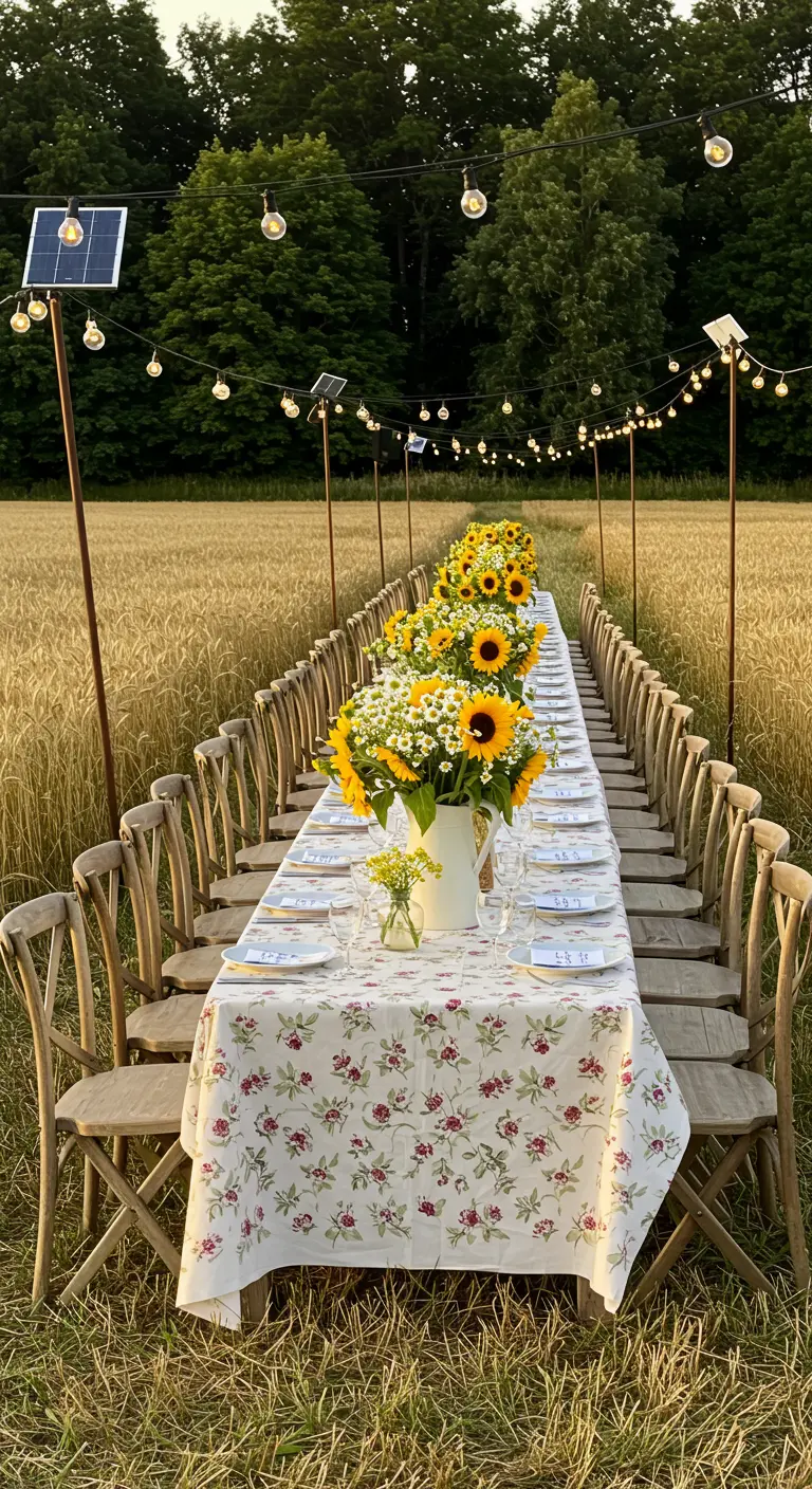 Très longue table dressée dans un champ de blé, décorée de tournesols et de guirlandes solaires.