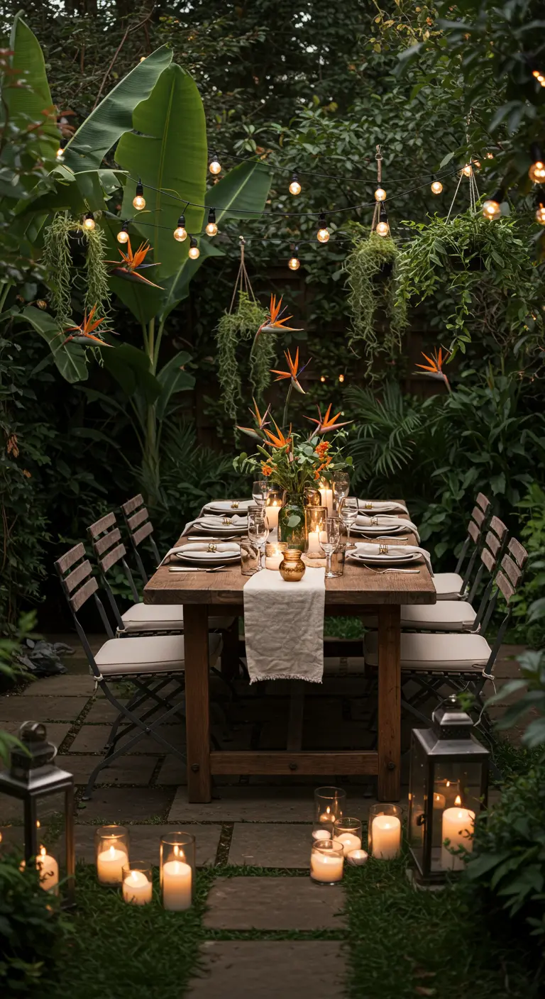 Table à dîner en bois entourée de végétation luxuriante, guirlandes lumineuses et lanternes avec bougies.
