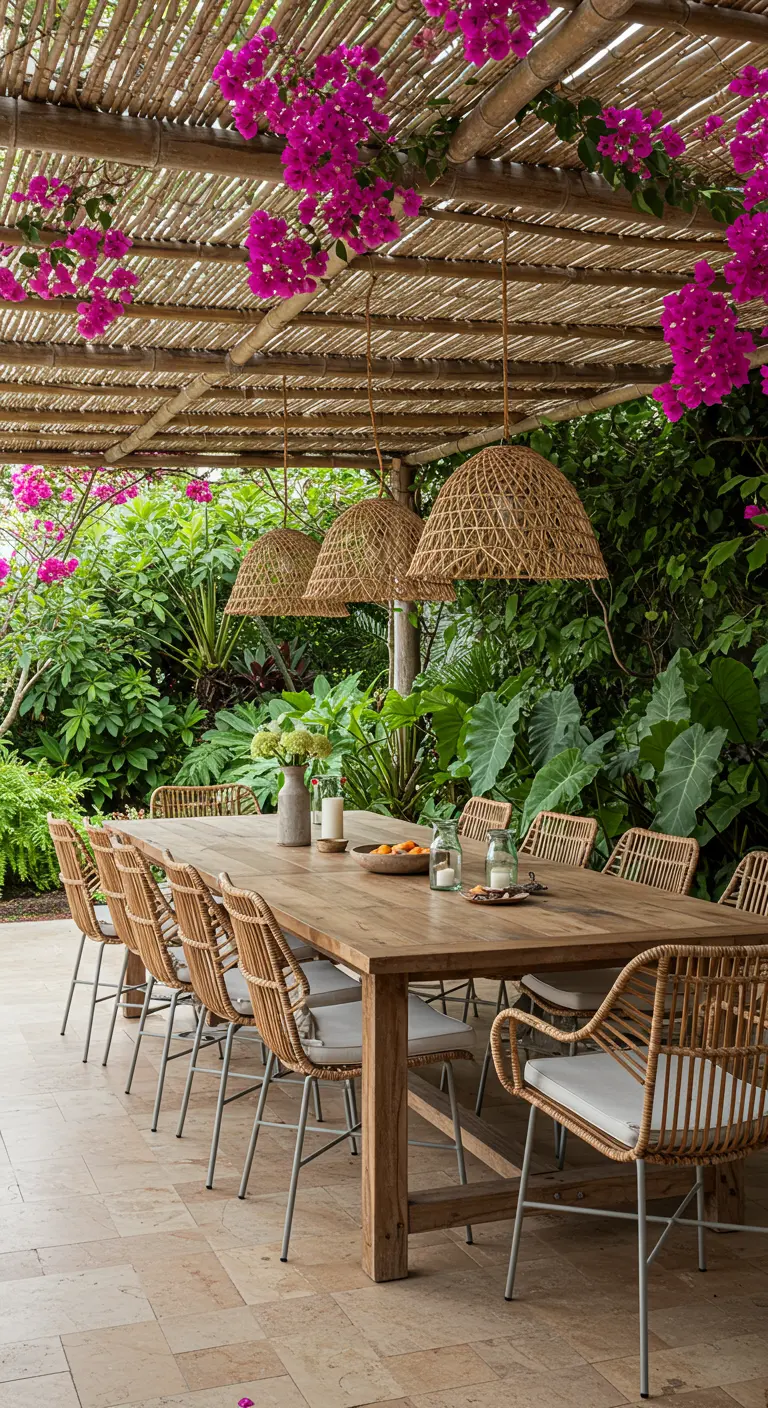 Grande table en bois sous une pergola de bambou avec des chaises et suspensions en rotin.